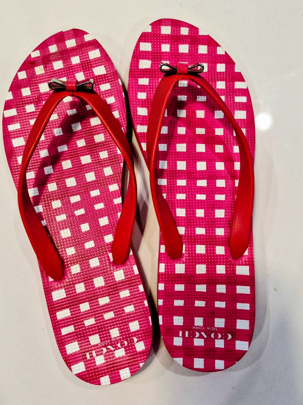 Coach Pink and Red Gingham Flip Flops with Bow Accent size 9